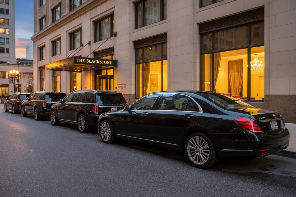 A fleet of polished black sedans and SUVs lined up outside a Chicago airport departure entrance at dusk, professional and ready
