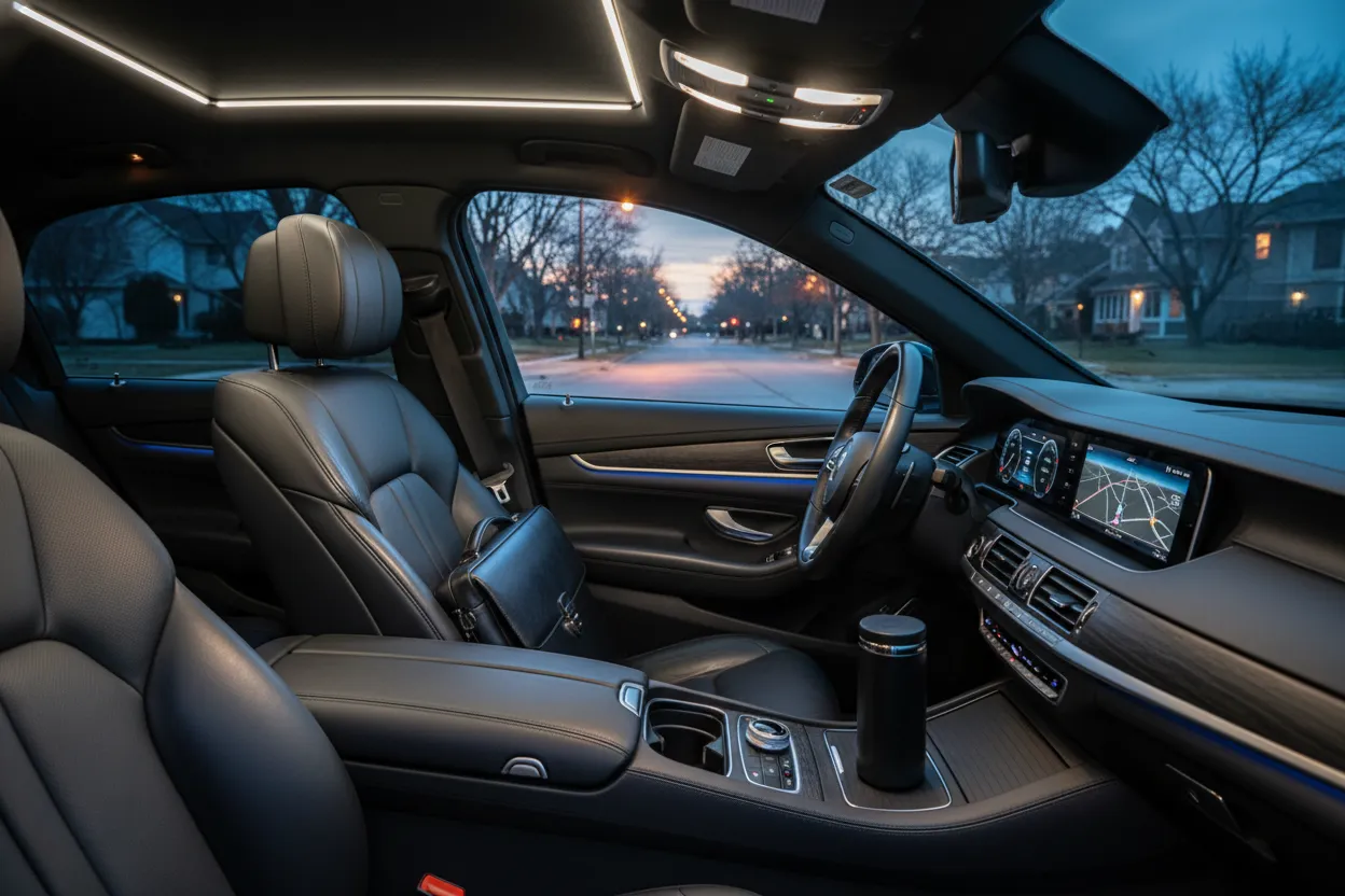 Interior of a luxury black executive sedan, clean leather seating, a closed laptop bag on the seat beside a coffee thermos, soft ambient interior lighting, window showing pre-dawn Chicago suburban streets outside, photorealistic style
