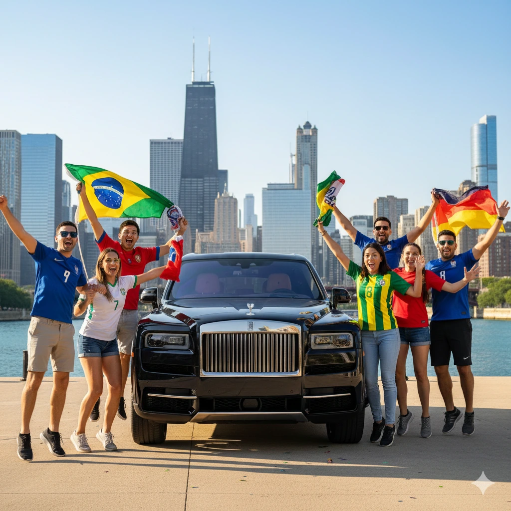 Soccer fans with Chicago skyline and World Cup imagery