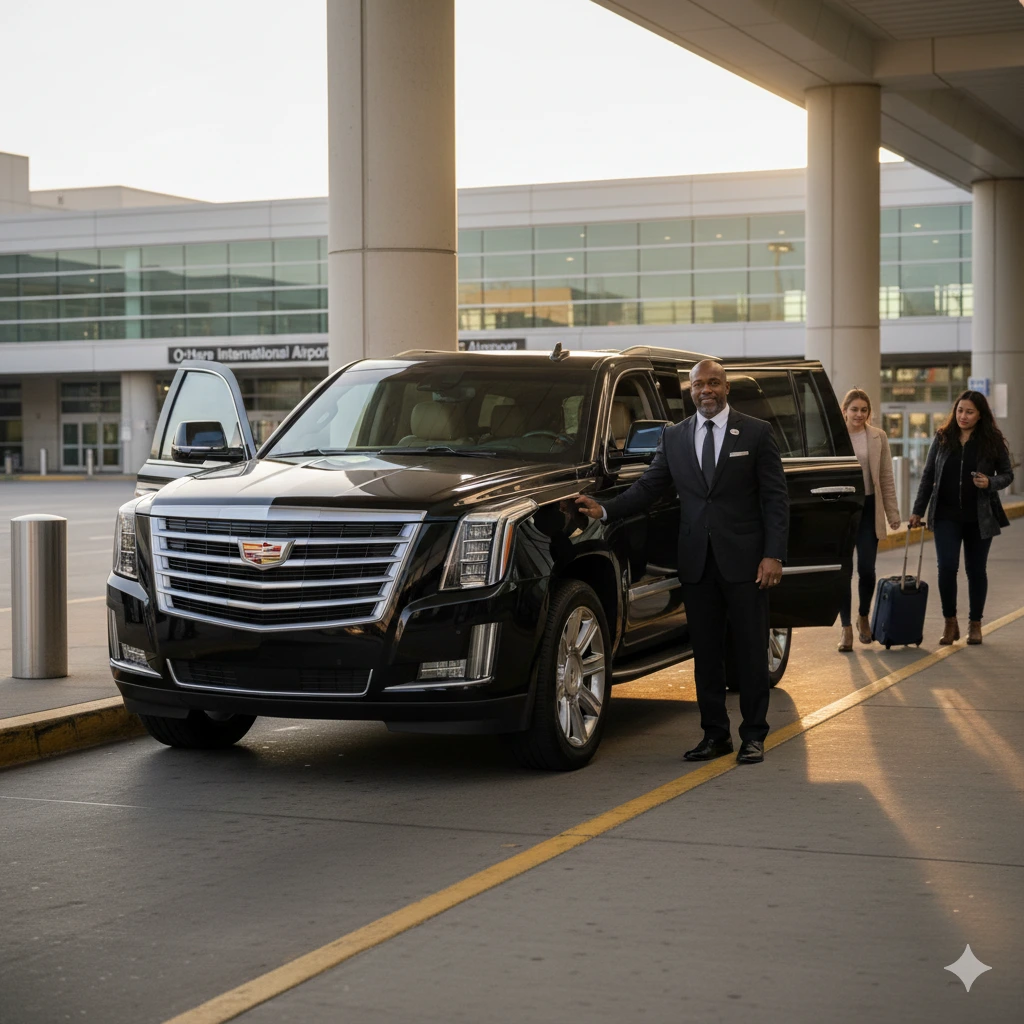 Luxury SUV at O'Hare Airport terminal