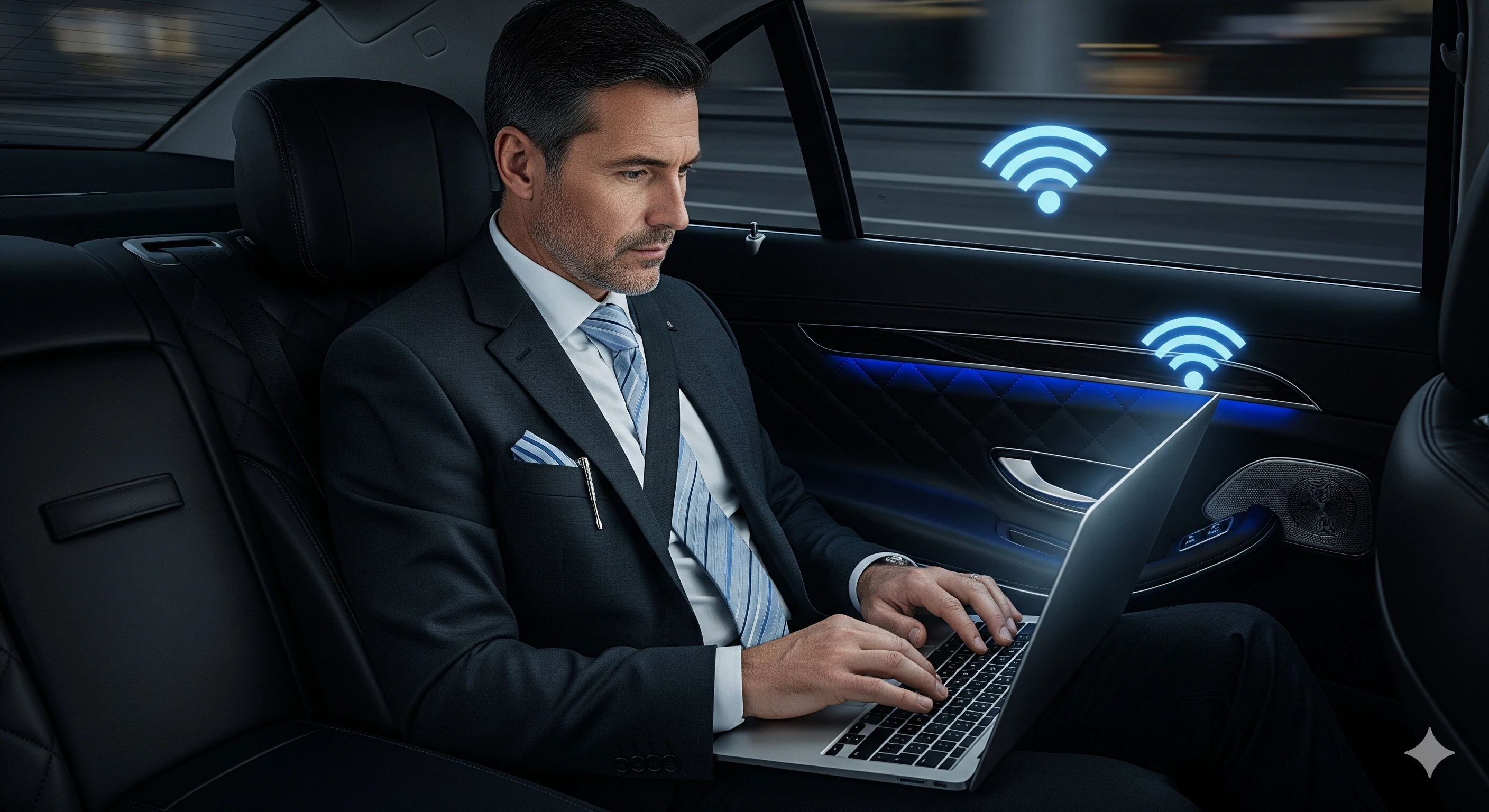 Executive working on laptop in luxury car interior