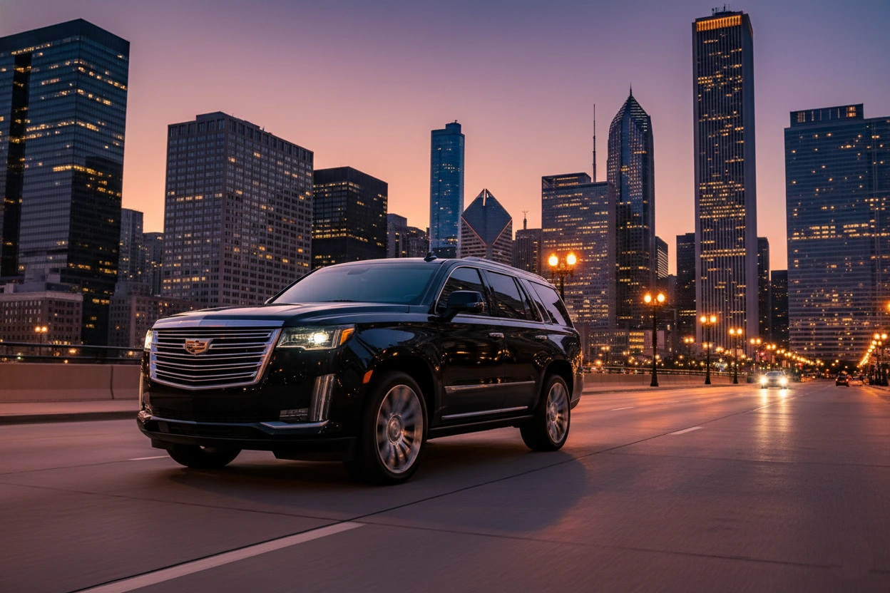 Chicago skyline at dusk viewed through the window of a black luxury SUV